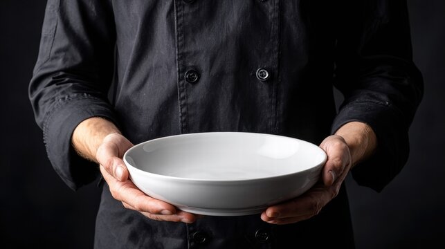 Chef holding a white bowl, ready to serve a culinary creation.