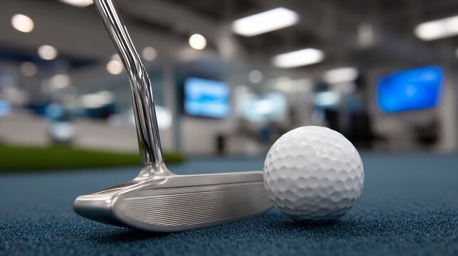 Indoor golf putting practice, close-up of putter and ball on blue carpet, modern setting