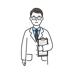 Fototapeta premium Cartoon Doctor Illustration Man in White Coat Holding Clipboard.