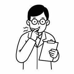 Cartoon Doctor Thinking with Pen and Clipboard Wearing Glasses and a White Coat.
