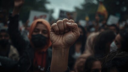 Raised Fist in Protest Amidst a Crowd of Demonstrators, Focused View