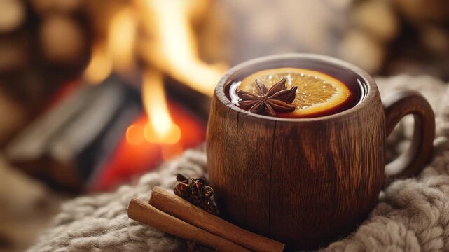 Mulled wine in a rustic wooden mug creating a cozy mood against a fireplace background
