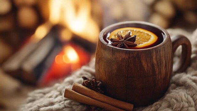 Mulled wine in a rustic wooden mug creating a cozy mood against a fireplace background