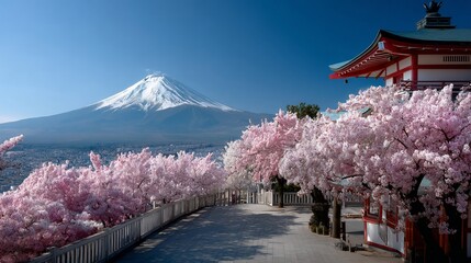 Japanese Mountain, Cherry Blossoms, and Pagoda