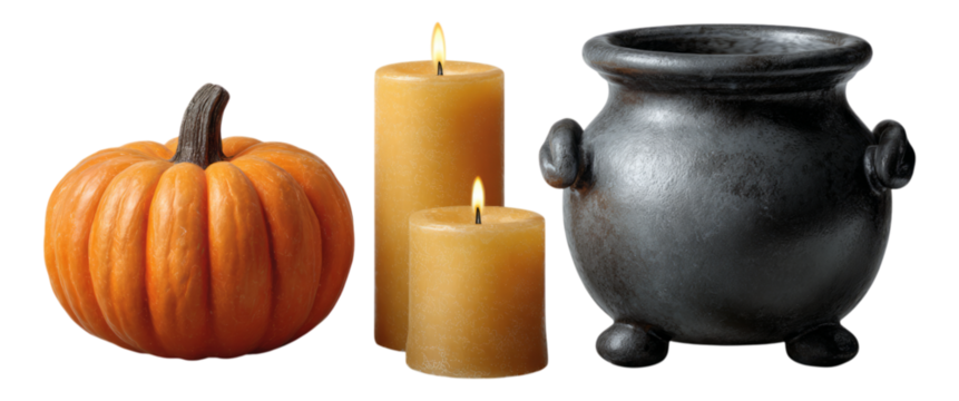 Halloween Pumpkin and Candles with Cauldron on Transparent Background