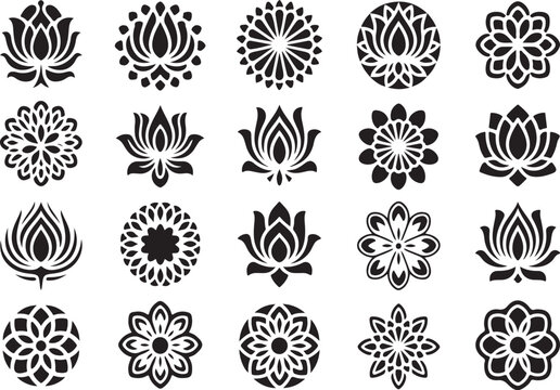 Set of black silhouette lotus flowers and mandala patterns on white floral