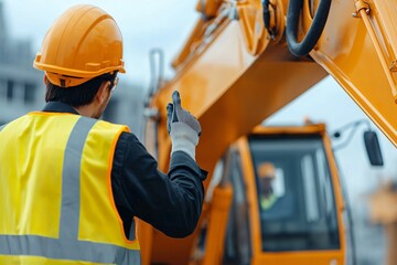 Engineer inspects heavy machinery at construction site, side angle perspective showing safety barriers and workers in protective gear