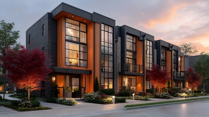 Naklejka premium Modern townhouses dusk scene