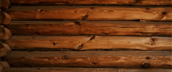 Detailed view of an old log wall, showing natural wood grain and knots.