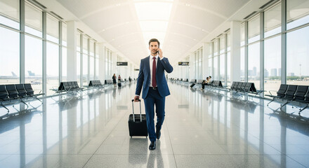 Successful businessman on a corporate travel journey, confidently walking through a modern airport terminal while talking on a smartphone