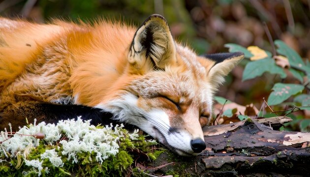 Sleeping red fox in forest