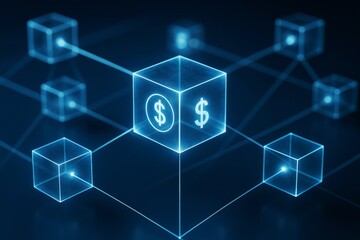 Glowing blockchain cube network with digital dollar symbol on dark background showcasing futuristic financial technology concept. Ai generative