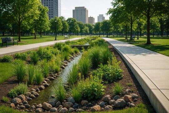 Urban park with green bioswale landscape, concrete paths, and city buildings in background on sunny day, showing sustainable environment planning. Ai generative