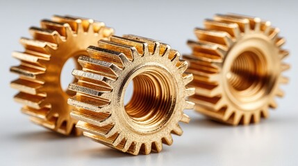 Three brass gears on a white surface