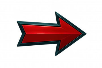 Metallic red arrow with dark border directing rightward, standing against transparent backdrop, signaling navigation or emphasizing key details