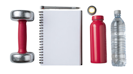 Flat lay of spiral-bound fitness tracker notebook with pen on transparent background