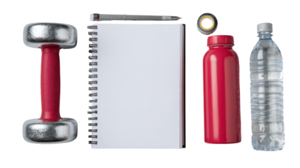 Flat lay of spiral-bound fitness tracker notebook with pen on transparent background