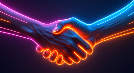 Futuristic handshake with glowing neon lines. Concept of digital partnership, AI collaboration, and successful agreement in the metaverse or virtual reality.