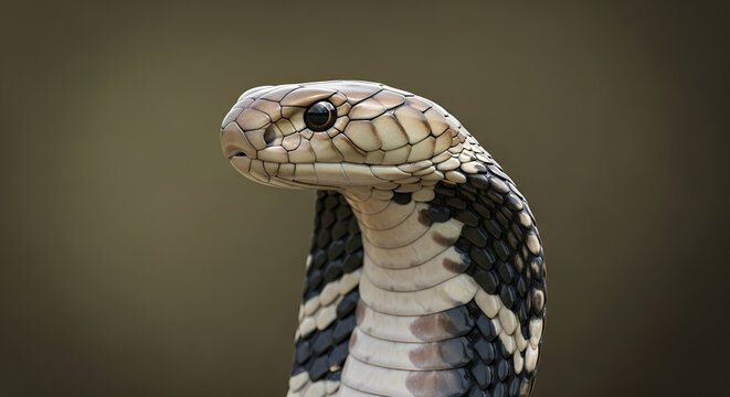 Close up of a cobra snake head with its hood partially extended, showcasing its scales and pattern