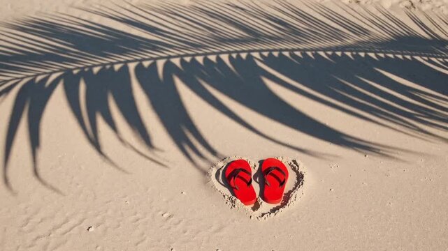 Tropical Valentine's Day Concept with Red Footwear Arranged in Heart Shape on Sandy Shore