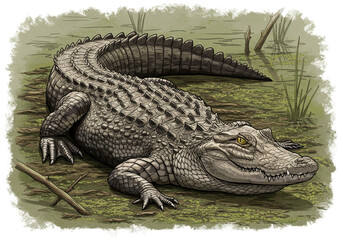 Obraz premium Detailed illustration of a formidable alligator resting in a swamp environment with a watchful gaze