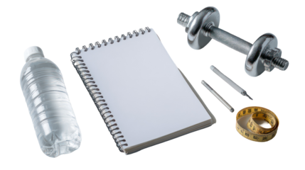 Flat lay of spiral-bound fitness tracker notebook with pen on transparent background