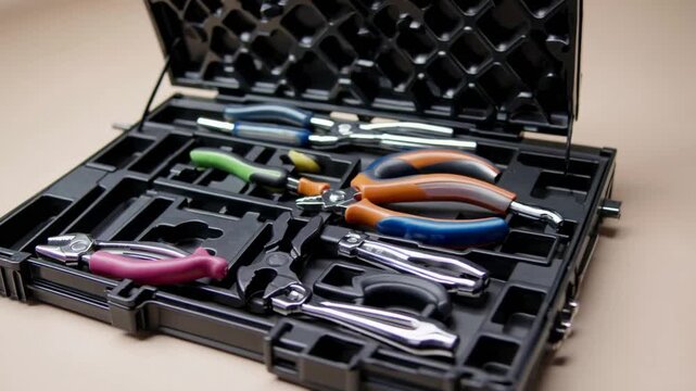 intricately detailed and neatly arranged container for hardware instruments captured in controlled studio environment, showcasing various implements like drivers, gripping tools, and adjustable spann