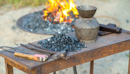 Rusted blacksmith workbench with hammer, tongs, coal, and active fire pit—evoking craftsmanship, tradition, and the raw intensity of metal forging in a gritty, authentic setting.