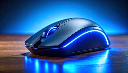 Sleek, black computer mouse with blue LED lighting rests on a dark wood surface