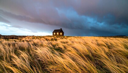 Fototapeta premium A solitary house glowing warmly in a vast golden field under stormy skies—evoking isolation, serenity, and dramatic tension in a cinematic, moody landscape.