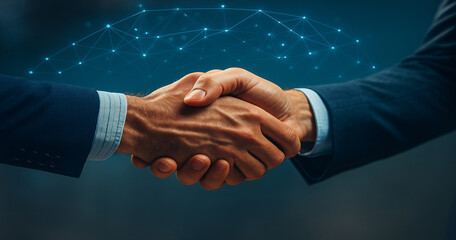 Business partnership and technology concept. Professional handshake with a glowing digital network overlay, symbolizing agreement, connection, and a successful deal in the digital age.