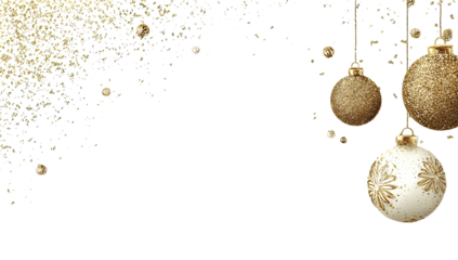 Gold and white Christmas ornaments against a black background, with a golden glitter effect