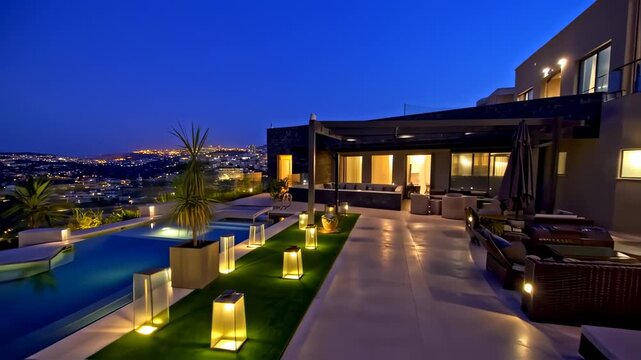 Luxurious Villa Retreat with Pool and City View at Twilight, Marbella Spain
