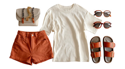 Flat lay of summer outfit with t-shirt, shorts, sunglasses, and accessories on transparent background