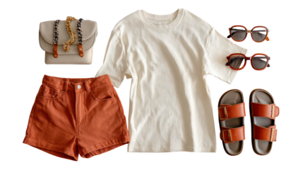 Flat lay of summer outfit with t-shirt, shorts, sunglasses, and accessories on transparent background