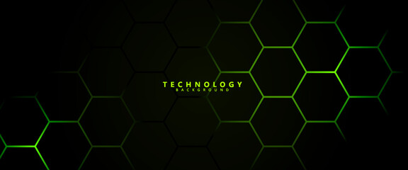 Futuristic hexagon technology background with glowing neon green edges on dark gradient. hexagon background. © Mamank Mr