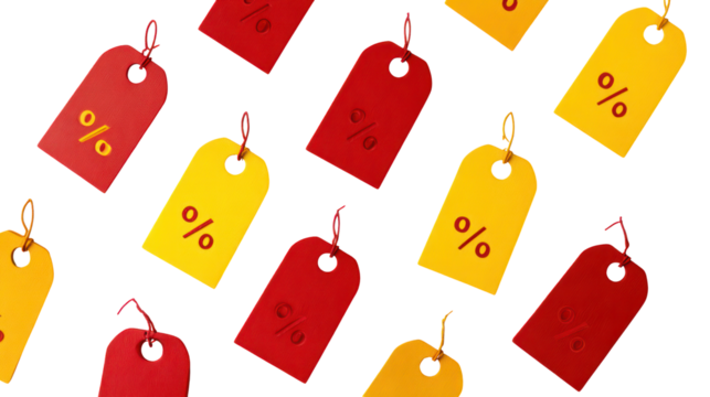 Floating red and yellow price tags with percentage sign on transparent background - Powered by Adobe