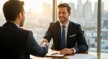 Two smiling professional businessmen finalizing a corporate partnership with a firm handshake in a modern city office with a sunset view