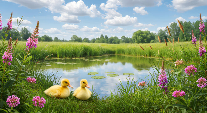 Realistic wallpaper background of baby ducks in a lake with beautiful nature