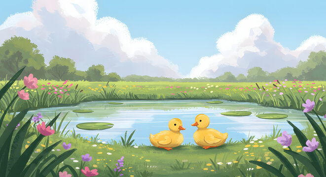 Wallpaper background of baby ducks in a lake with beautiful nature