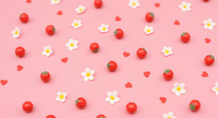 Coquette wallpaper background of flowers and strawberries in 3d
