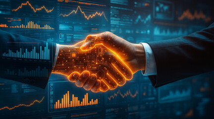 Fintech and AI in business partnership concept. Digital handshake with glowing data overlay against a background of stock market charts, representing a successful deal and data-driven agreement.