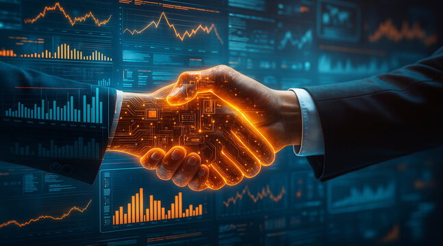 Fintech and AI in business partnership concept. Digital handshake with glowing data overlay against a background of stock market charts, representing a successful deal and data-driven agreement.