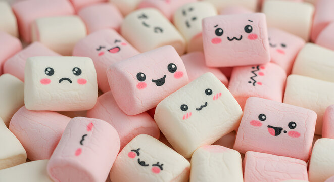 Coquette wallpaper background of cute marshmallows with cute faces