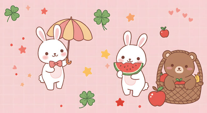 Coquette wallpaper background of rabbit, bear, cartoon animals