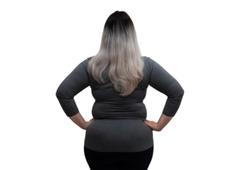 Back view of sweet 30 years old overweighted Scandinavian woman Isolated on Transparent or White Background.