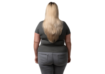 Back view of sweet 30 years old overweighted Scandinavian woman Isolated on Transparent or White Background.