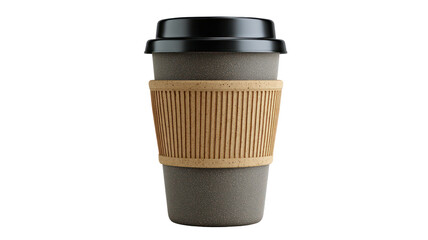 Reusable coffee cup with silicone lid and sleeve cleanly isolated on transparent background