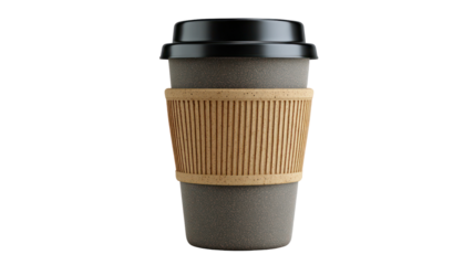 Reusable coffee cup with silicone lid and sleeve cleanly isolated on transparent background