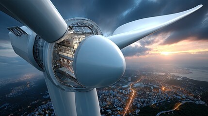Wind turbine hub, city view, sunset